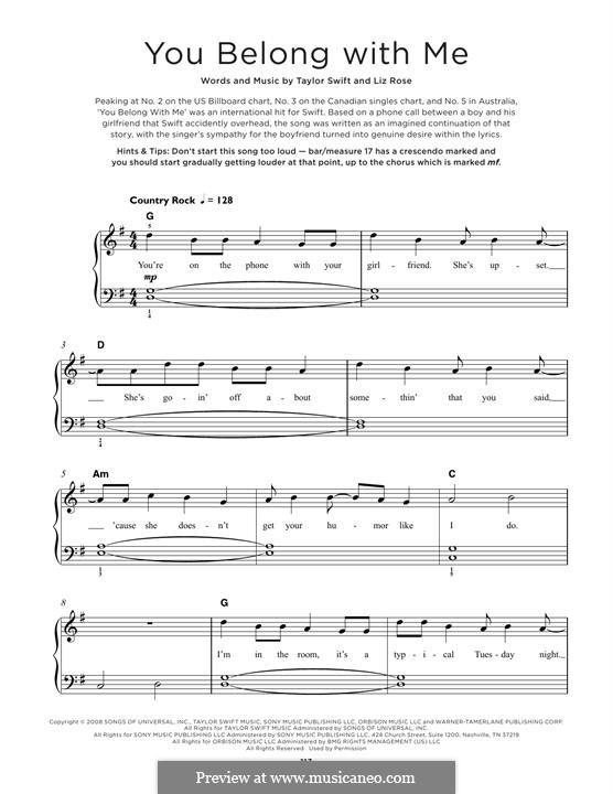 You Belong with Me (Taylor Swift): For piano by Liz Rose