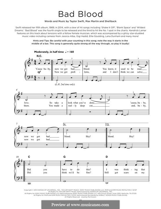 Bad Blood: For piano by Shellback, Max Martin, Taylor Swift
