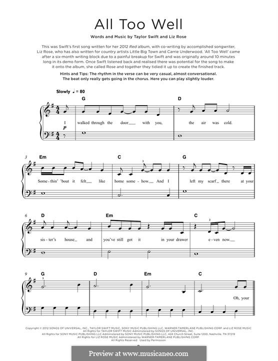 All Too Well (Taylor Swift): For piano by Liz Rose