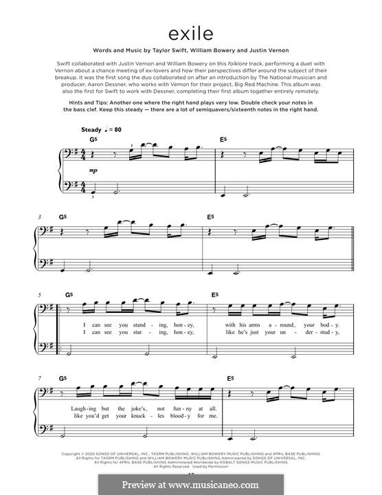 Exile (feat. Bon Iver): For piano by Justin Vernon, Taylor Swift, William Bowery