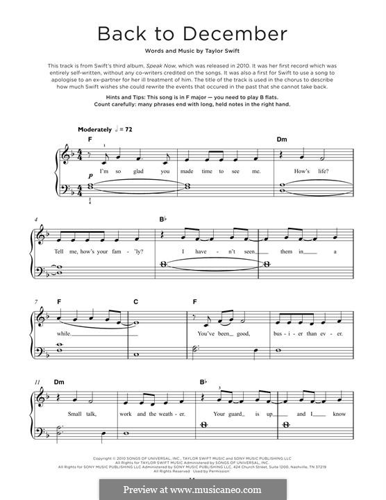 Back to December: For piano by Taylor Swift