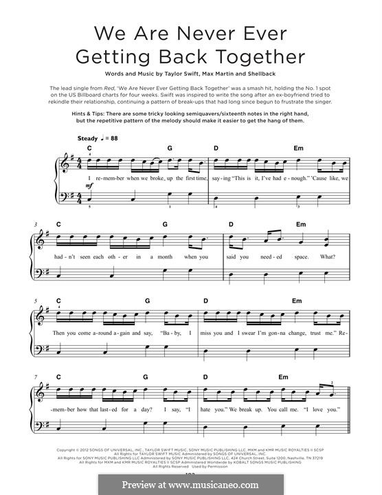 We Are Never Ever Getting Back Together: For piano by Shellback, Max Martin, Taylor Swift