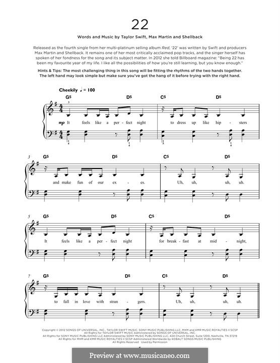 22: For piano by Taylor Swift