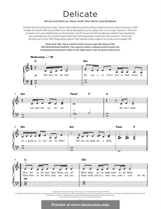 Delicate: For piano by Shellback, Max Martin, Taylor Swift