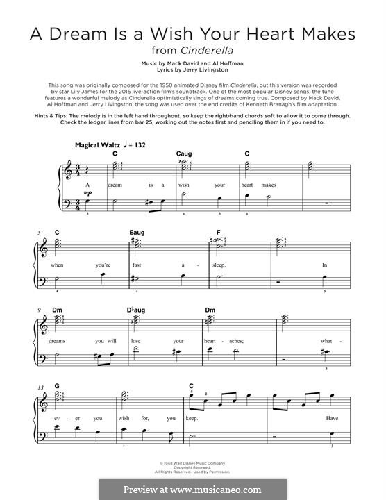A Dream Is a Wish Your Heart Makes (from Disney's Cinderella): For piano by Al Hoffman, Jerry Livingston, Mack David