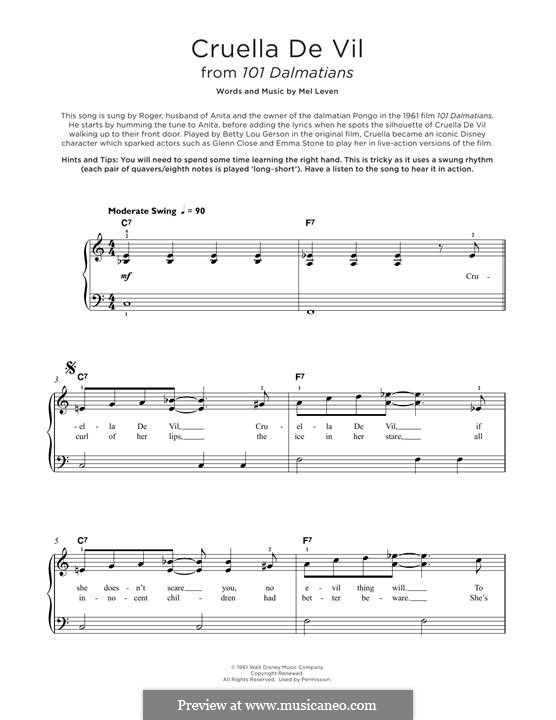 Cruella de Vil (from 101 Dalmatians): For piano by Mel Leven