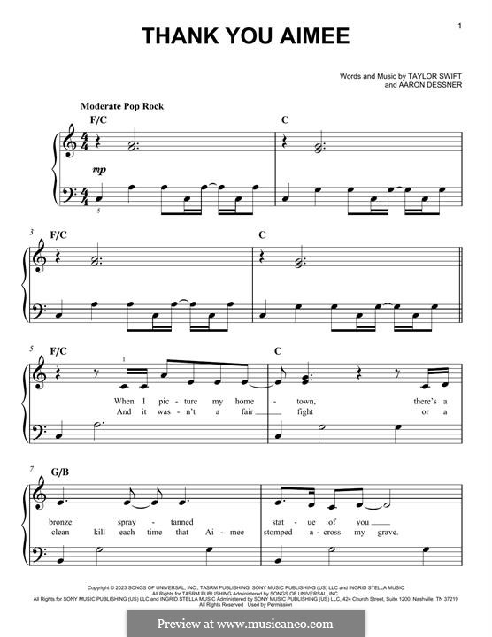 ThanK you aIMee (Taylor Swift): For piano by Aaron Dessner