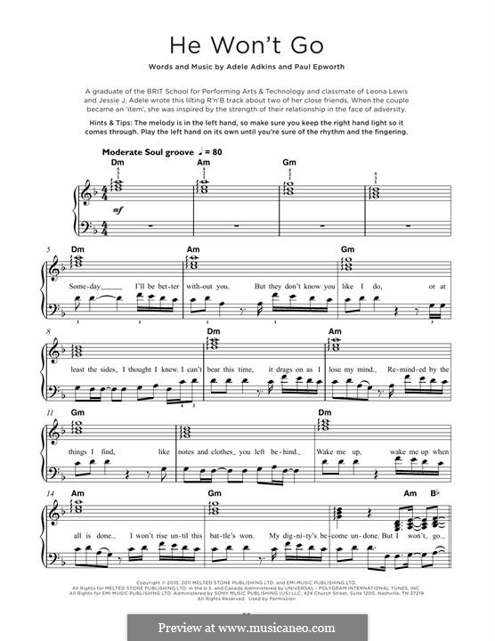He Won't Go: For piano by Adele, Paul Epworth
