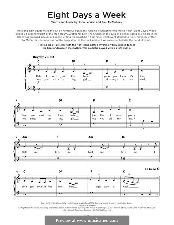 Eight Days a Week (The Beatles): For piano by John Lennon, Paul McCartney