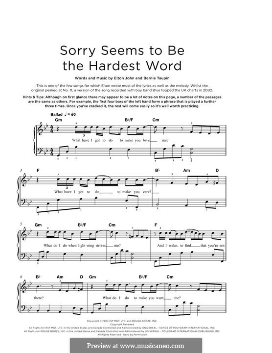 Sorry Seems to be the Hardest Word: For piano by Elton John