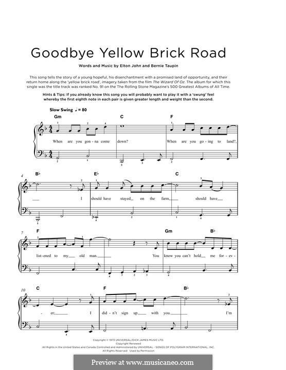 Goodbye Yellow Brick Road: For piano by Elton John