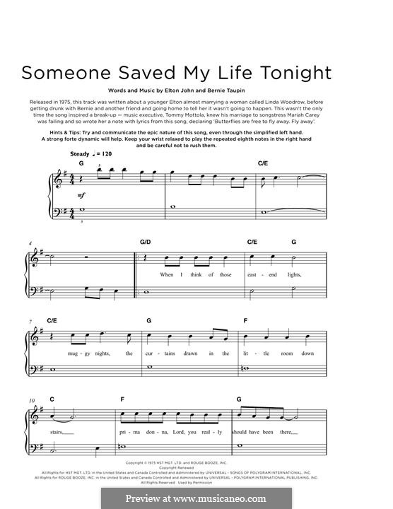 Someone Saved My Life Tonight: For piano by Elton John
