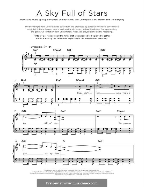 A Sky Full of Stars (Coldplay): For piano by Chris Martin, Guy Berryman, Jonny Buckland, Avicii, Will Champion