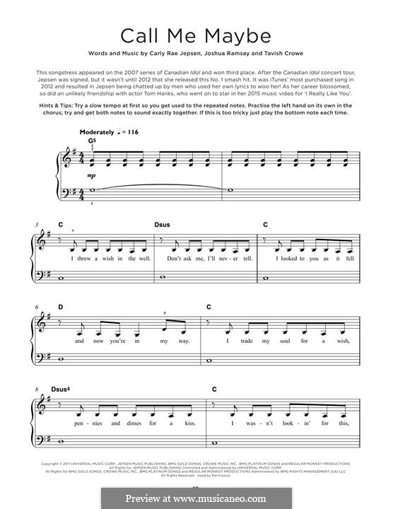 Call Me Maybe: For piano by Carly Rae Jepsen, Joshua Ramsay, Tavish Crowe