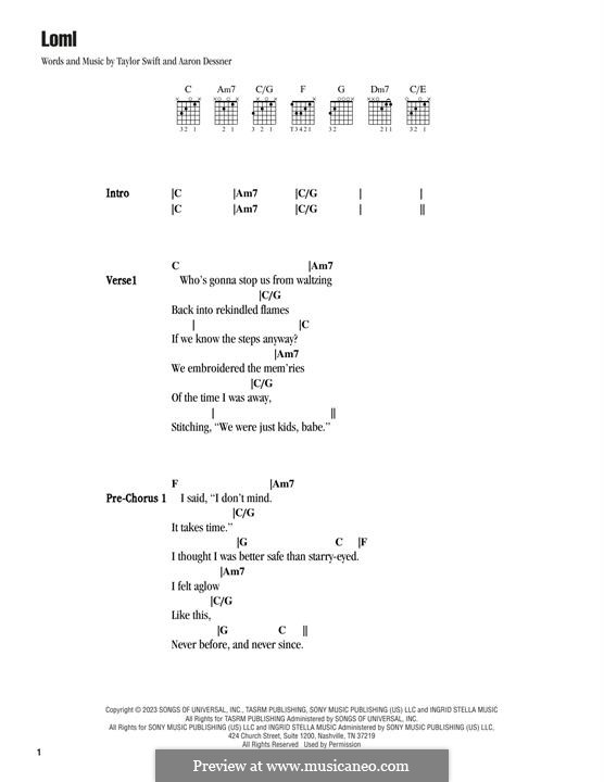 Loml (Taylor Swift): Lyrics and guitar chords by Aaron Dessner