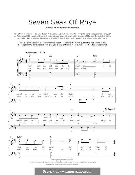 Seven Seas of Rhye (Queen): For easy piano by Freddie Mercury