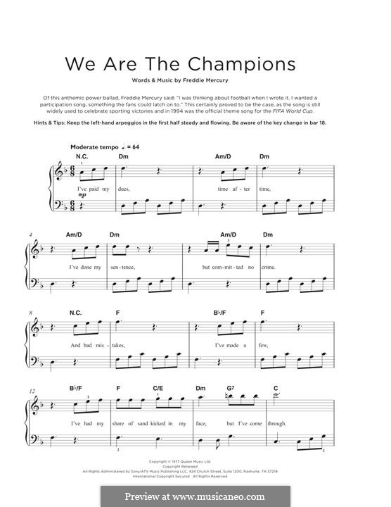 We are the Champions (Queen): For easy piano by Freddie Mercury