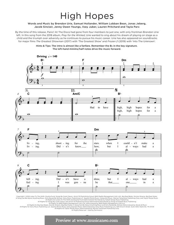 High Hopes (Panic! At The Disco): For easy piano by Brendon Urie, Jonas Jeberg, Sam Hollander, Jacob Sinclair, William Lobban-Bean