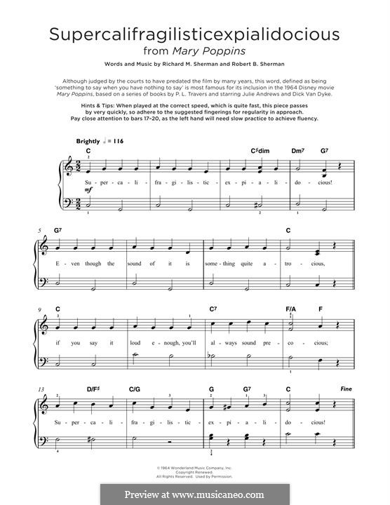 Supercalifragilisticexpialidocious (from Mary Poppins), for Piano: For a single performer by Richard M. Sherman, Robert B. Sherman