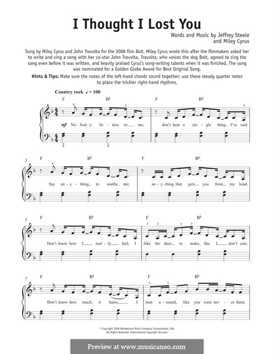 I Thought I Lost You (Miley Cyrus): For piano by Jeffrey Steele
