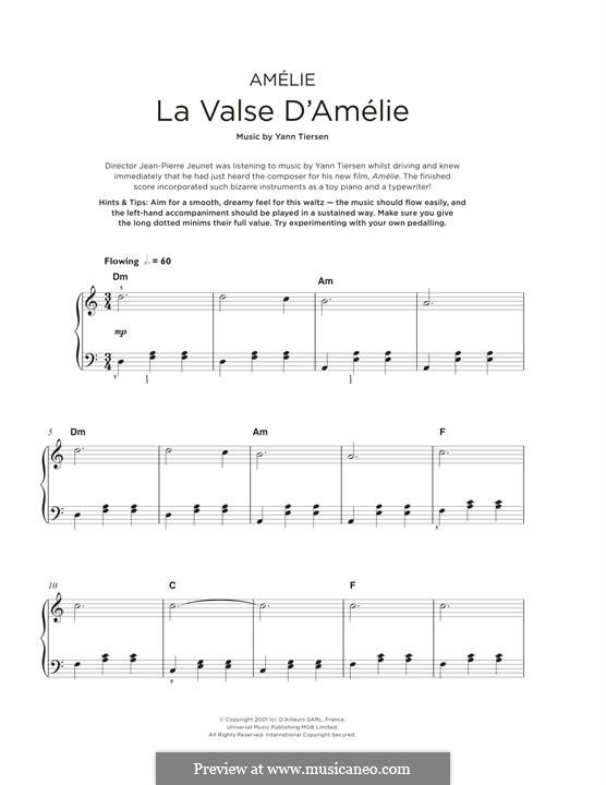 La Valse d'Amelie: For piano by Yann Tiersen