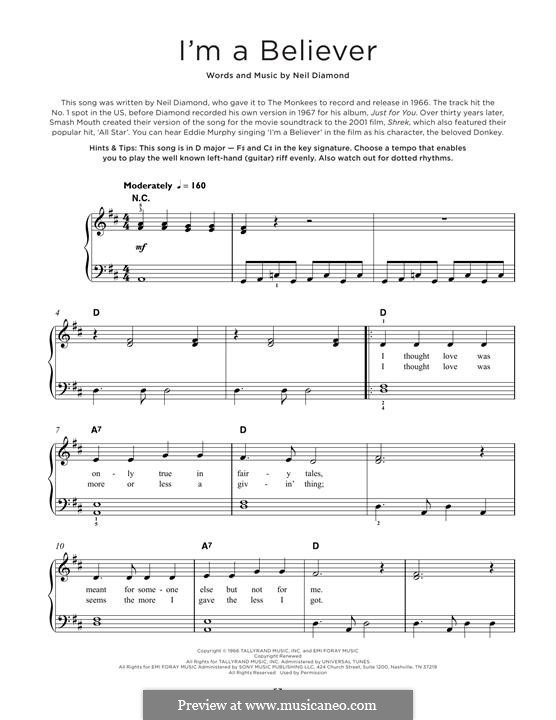 I'm a Believer: For piano by Neil Diamond
