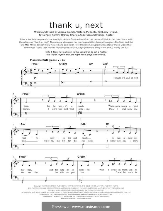 Thank U, Next: For easy piano by Ariana Grande, Victoria McCants, Taylor Parks, Kimberly Krysiuk