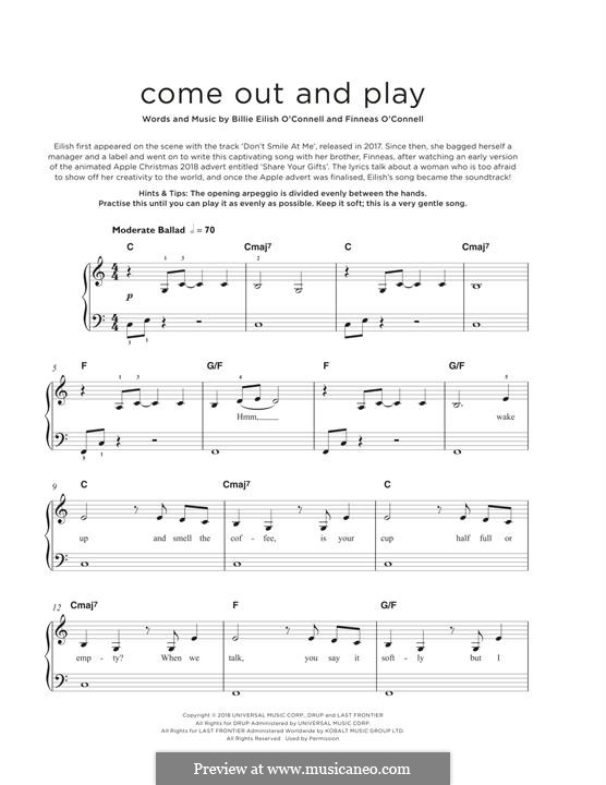 Come out and play (Billie Eilish): For piano by Finneas O'Connell, Billie Eilish