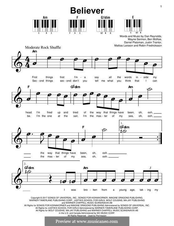 Believer (Imagine Dragons): For easy piano by Benjamin McKee, Daniel Reynolds, Daniel Sermon, Daniel Platzman
