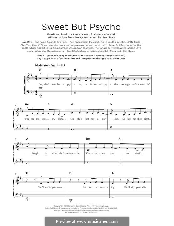 Sweet But Psycho (Ava Max): For piano by Henry Russell Walter, William Lobban-Bean, Madison Love, Andreas Haukeland, Amanda Koci