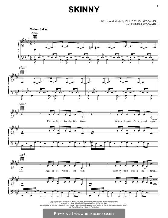 Skinny (Billie Eilish): For voice and piano (or guitar) by Finneas O'Connell