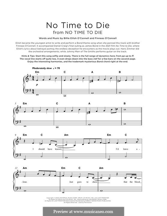 No Time To Die (Billie Eilish): For piano by Finneas O'Connell, Billie Eilish