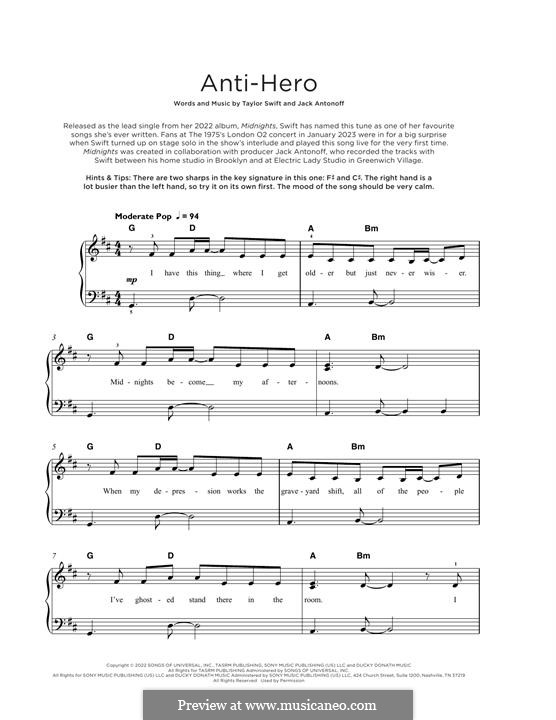 Anti-Hero (Taylor Swift): For piano by Jack Antonoff