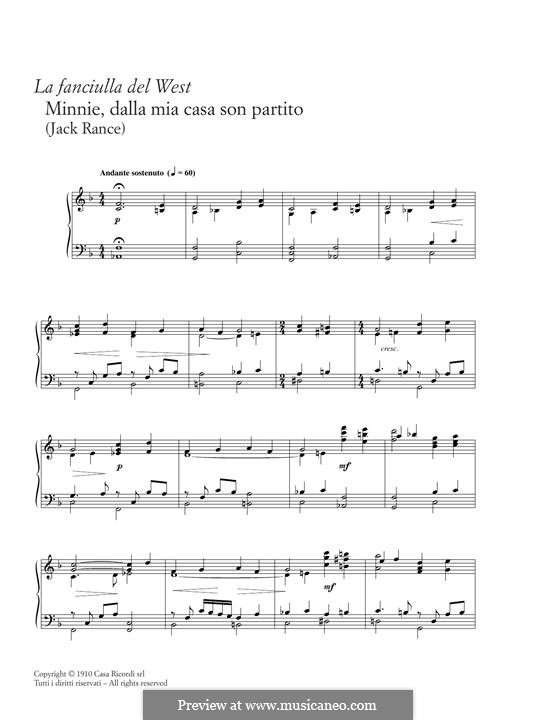 La fanciulla del West (The Girl of the West): Minne, dalla mia casa son partito, for piano by Giacomo Puccini