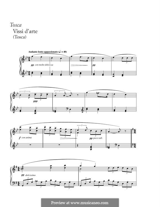 Tosca: Vissi d'arte, for piano by Giacomo Puccini