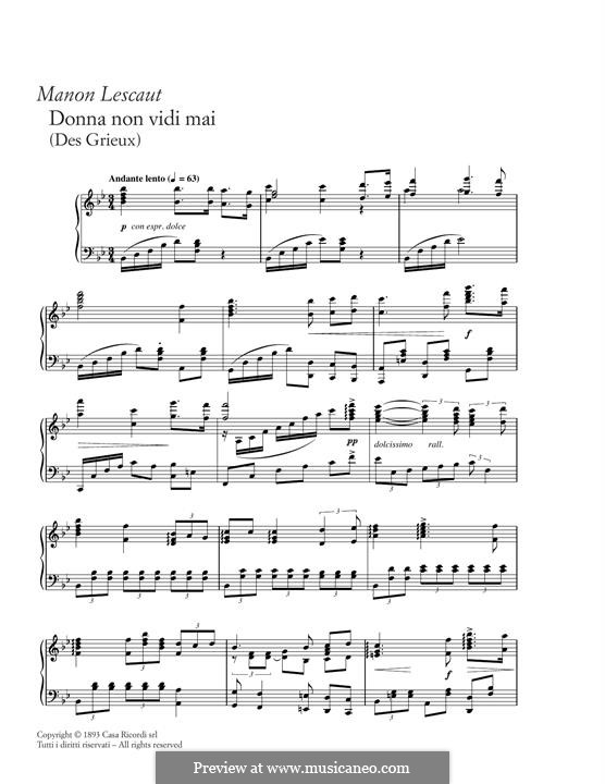 Manon Lescaut : Donna non vidi mai, for piano by Giacomo Puccini