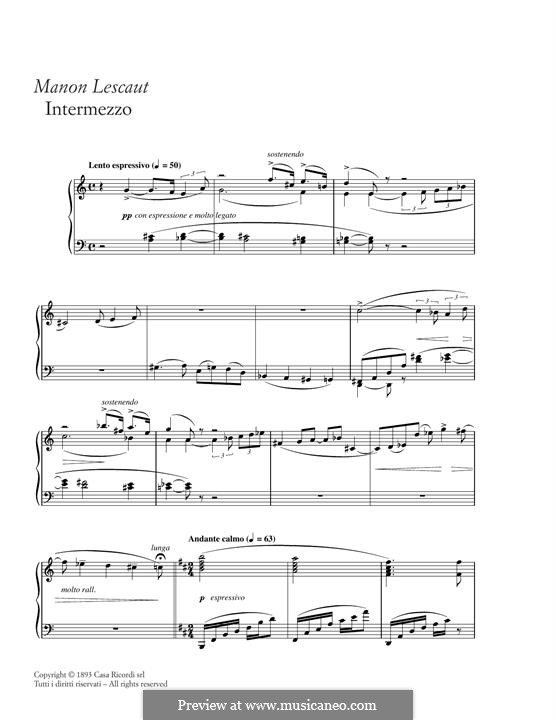 Manon Lescaut : Intermezzo, for piano by Giacomo Puccini