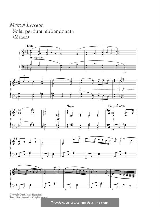 Manon Lescaut : Sola, Perduta, Abbandonata, for piano by Giacomo Puccini