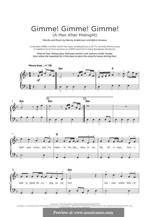 Gimme! Gimme! Gimme! / A Man after Midnight (ABBA): For piano by Benny Andersson, Björn Ulvaeus