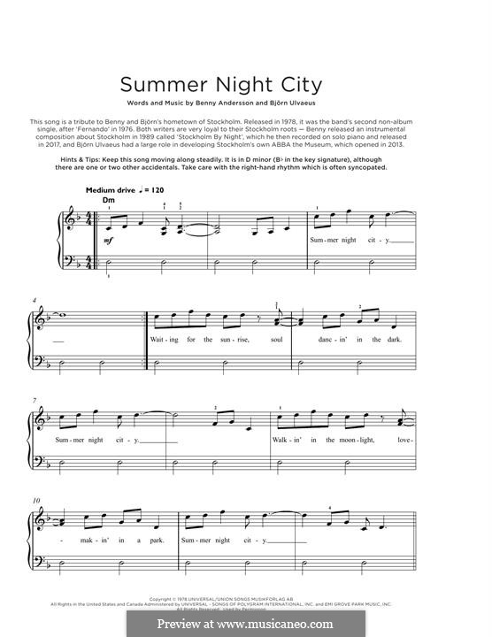 Summer Night City (ABBA): For piano by Benny Andersson, Björn Ulvaeus