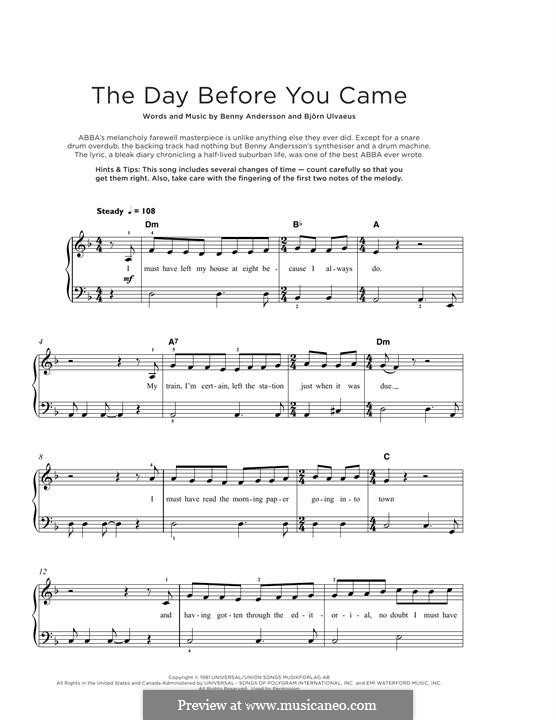 The Day Before You Came (ABBA): For piano by Benny Andersson, Björn Ulvaeus