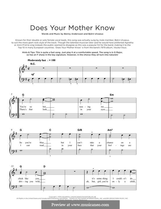 Does Your Mother Know (ABBA): For piano by Benny Andersson, Björn Ulvaeus