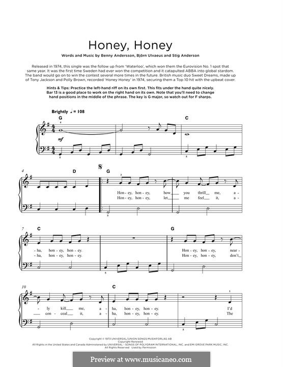 Honey, Honey (ABBA): For piano by Benny Andersson, Björn Ulvaeus, Stig Anderson