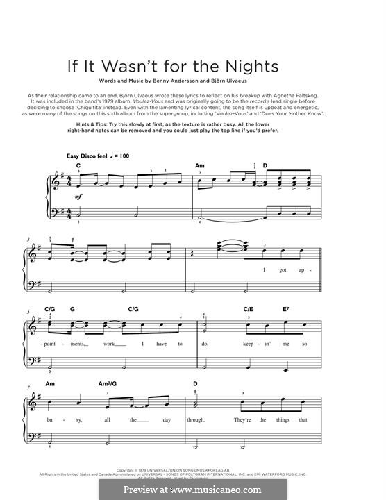 If It Wasn't for the Nights (ABBA): For piano by Benny Andersson, Björn Ulvaeus