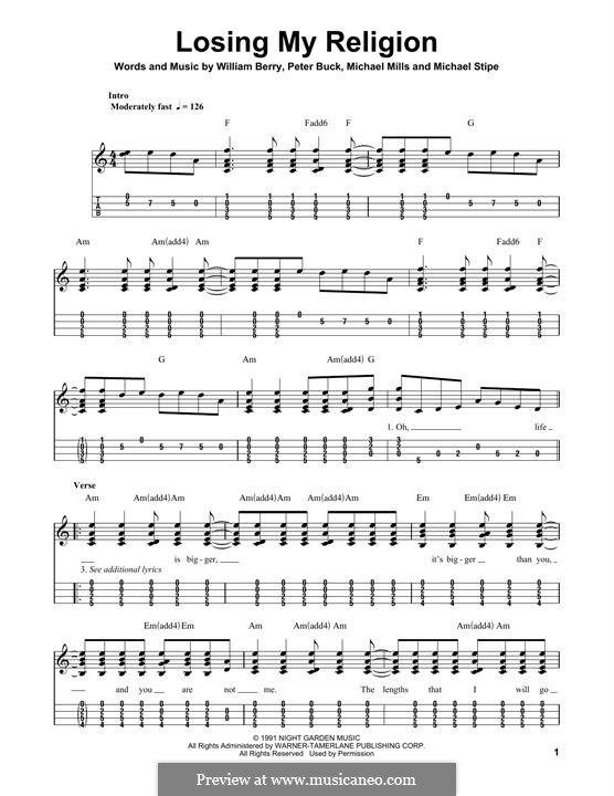 Losing My Religion (R.E.M.): For mandolin by Mike Mills, Michael Stipe, Peter Buck, William Berry