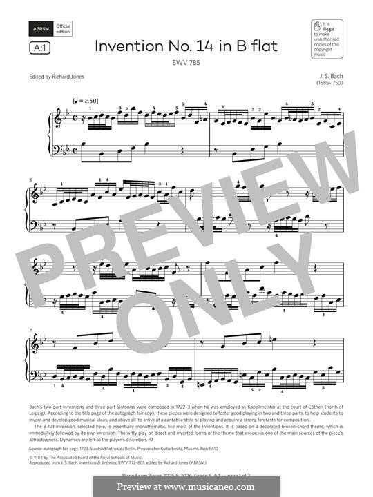 No.14 in B Flat Major, BWV 785: For piano by Johann Sebastian Bach