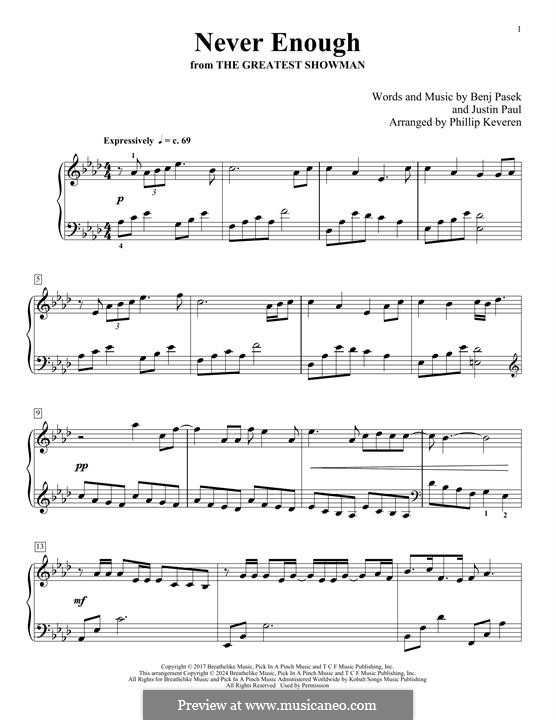 Never Enough (from The Greatest Showman): For piano by Justin Paul, Benj Pasek