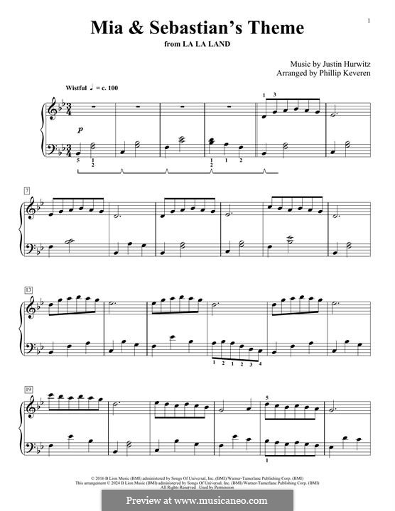 Mia and Sebastian's Theme (from La La Land): For piano by Justin Hurwitz