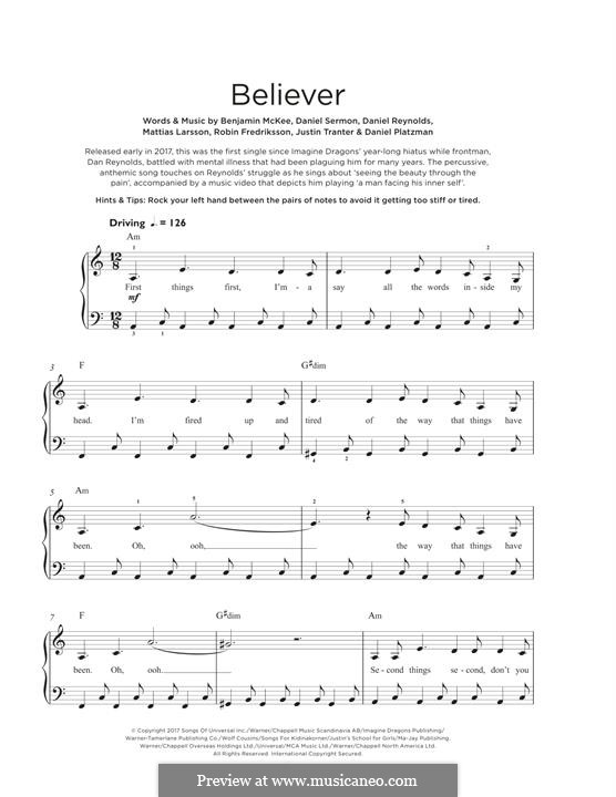 Believer (Imagine Dragons): For piano by Benjamin McKee, Daniel Reynolds, Daniel Sermon, Daniel Platzman