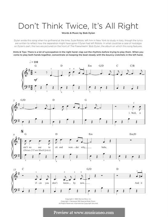 Don't Think Twice, It's Alright: For piano by Bob Dylan